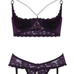 Hebe plus Straps-String ouvert aus Lila-Stretch-Spitze mit schwarzen Details